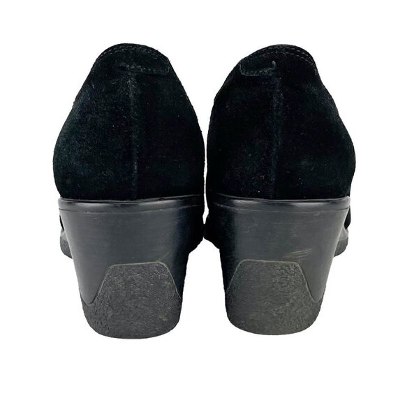 Vintage Aquatalia Marvin K Wedge Black Suede Slip On Shoes Whipstitch Accent s8 - Picture 3 of 9